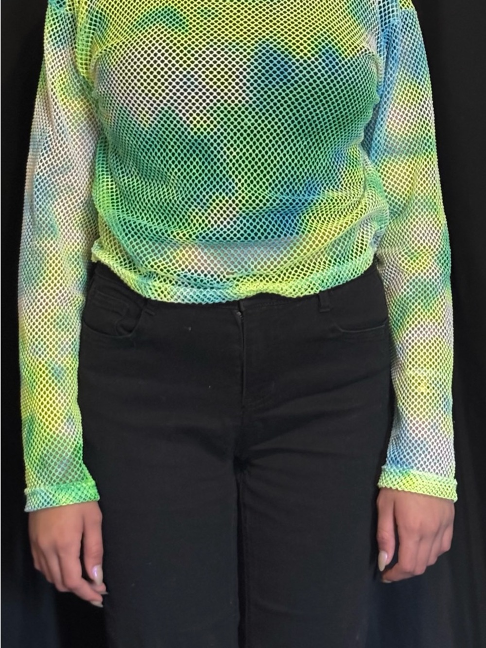💚🩵 Rue21 Neon Green & Blue Mesh Long Sleeve hooded crop Top